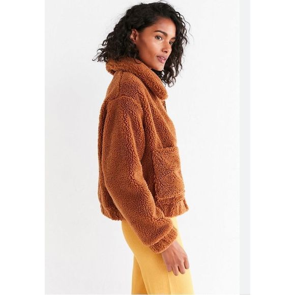 Urban Outfitters Willow Teddy Jacket Sweater Zip Orange Fuzzy Faux Sherpa Size L - Picture 1 of 8